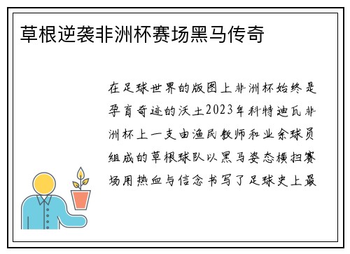 草根逆袭非洲杯赛场黑马传奇