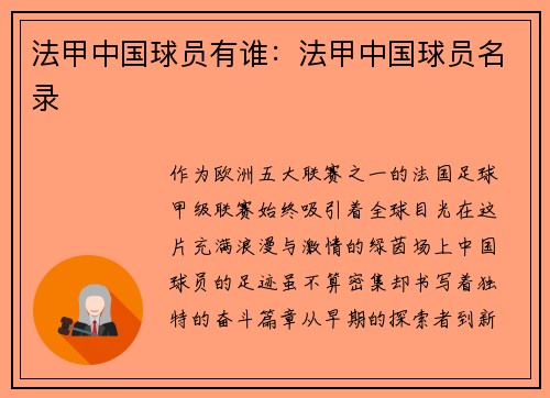 法甲中国球员有谁：法甲中国球员名录